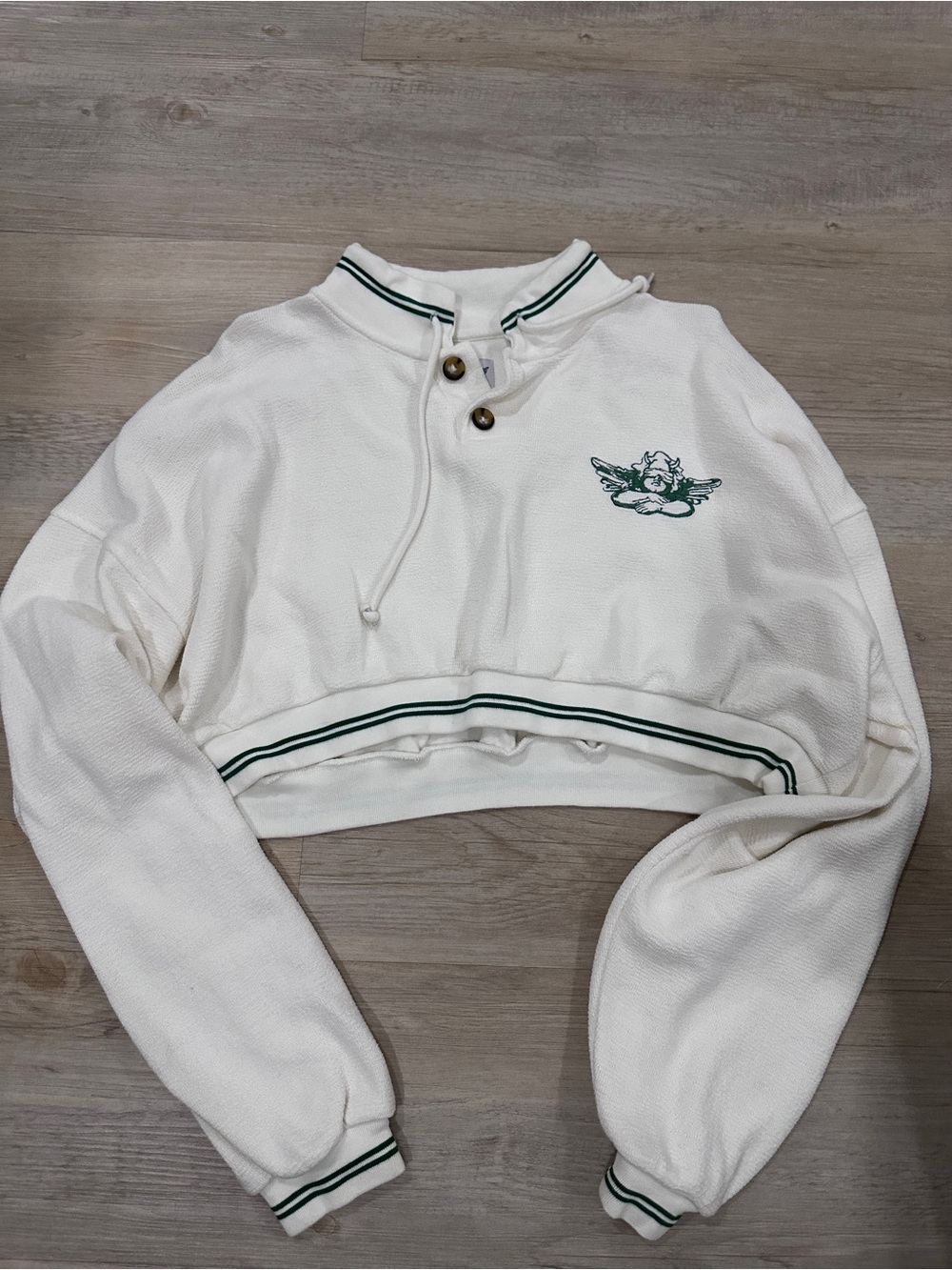 Boys Lie White Cropped Pullover with Green Trim and Angel Patch
